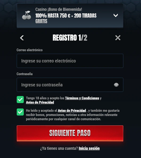 Creación de perfil y acceso al área personal de Glorion Casino