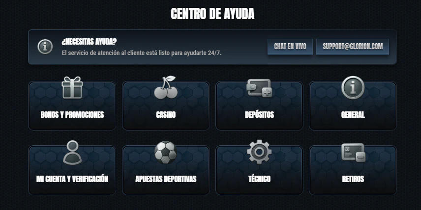 Servicio de asistencia y medios de contacto para usuarios de Glorion Casino